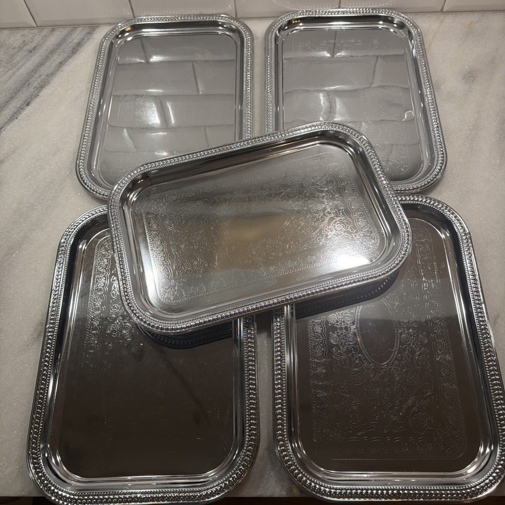 Set Of 5 Chrome Plated Silver Serving Trays OLA005